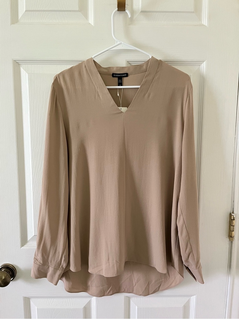 Eileen Fisher Taupe Beige V-Neck Long-Sleeve Blouse